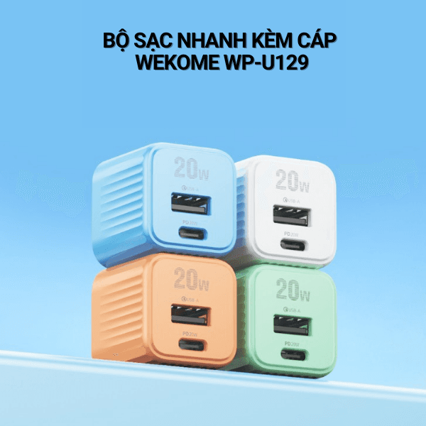 Bộ Sạc Kèm Cáp WEKOME WP-U129 PD20W Nhỏ Gọn, An Toàn (Củ Sạc 2 Cổng Output 1C/1A, Cáp C To Lightning Bọc Dù)