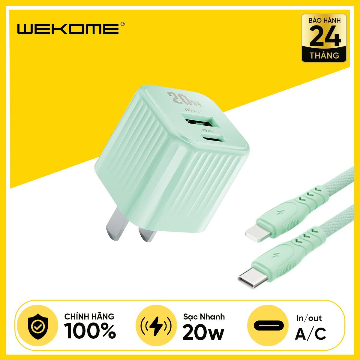 Bộ Sạc Kèm Cáp WEKOME WP-U129 PD20W Nhỏ Gọn, An Toàn (Củ Sạc 2 Cổng Output 1C/1A, Cáp C To Lightning Bọc Dù)