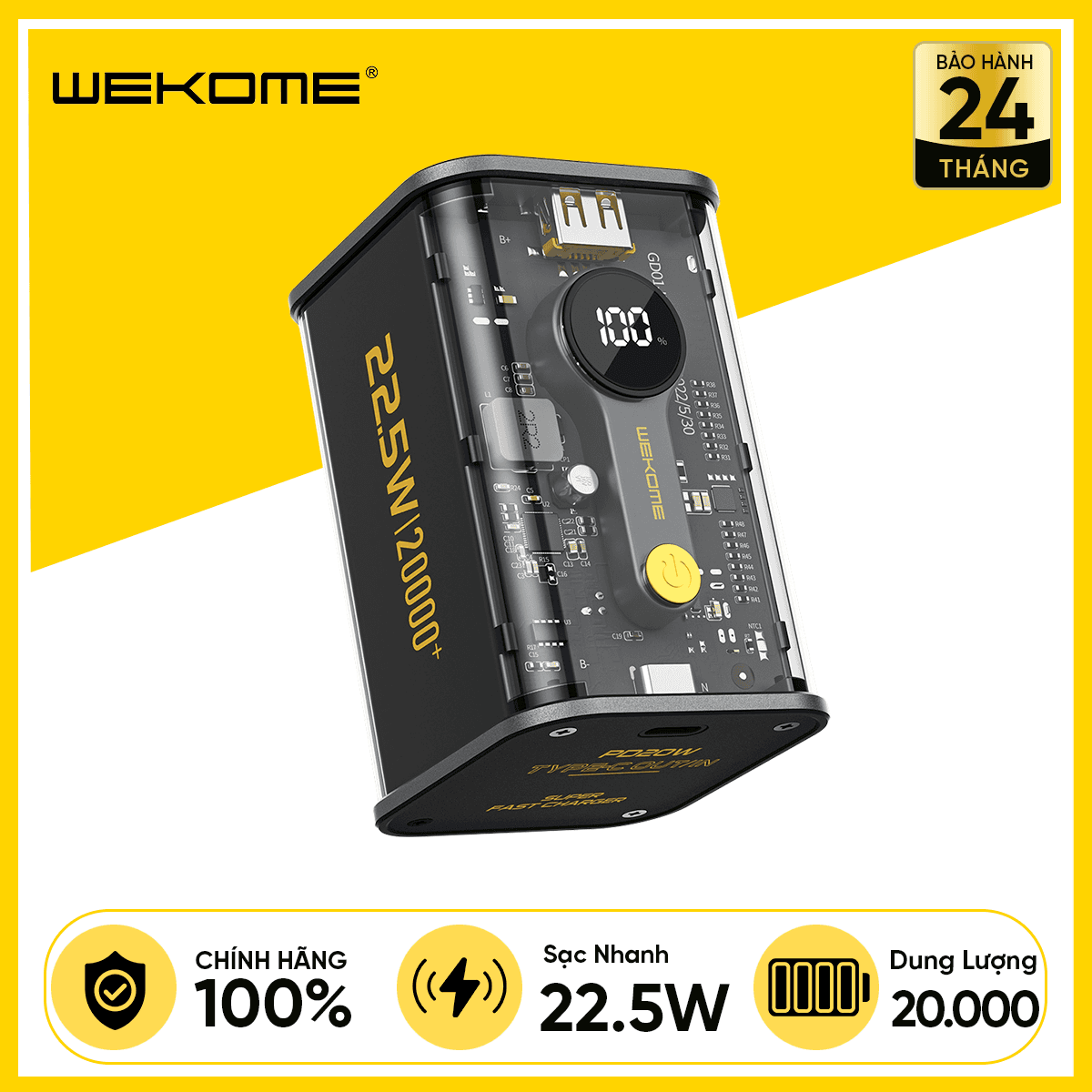 Pin Sạc Dự Phòng WEKOME WP-337 20.000mAh 22.5W Có 2 Cổng Output 1C/1A, Thiết Kế Trong Suốt